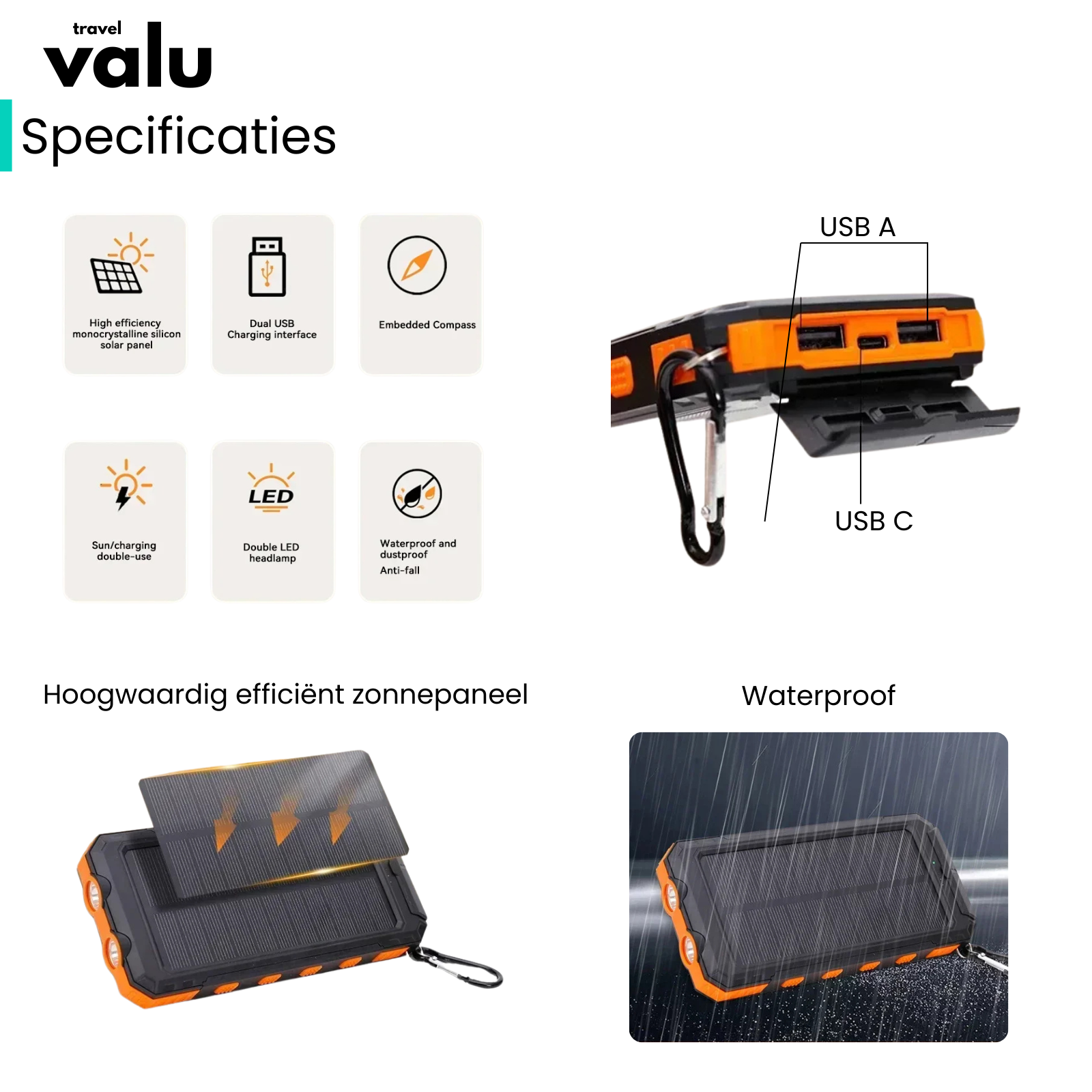 Valu Zonne-energiebank –  Powerbank 200000mAh met Kompas