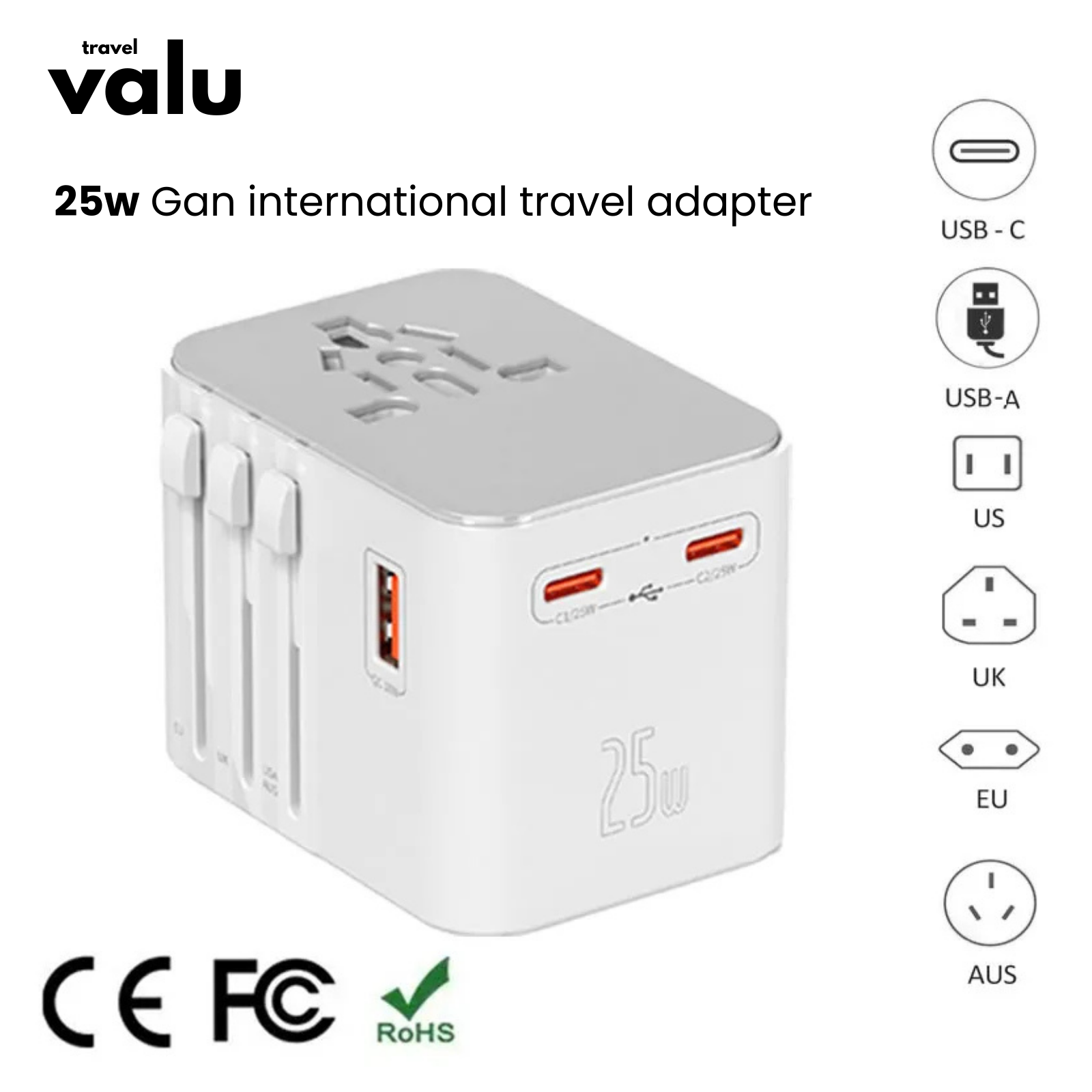 Valu Universal Travel Adapter with 4 AC Outlets, USB & Dual Type-C