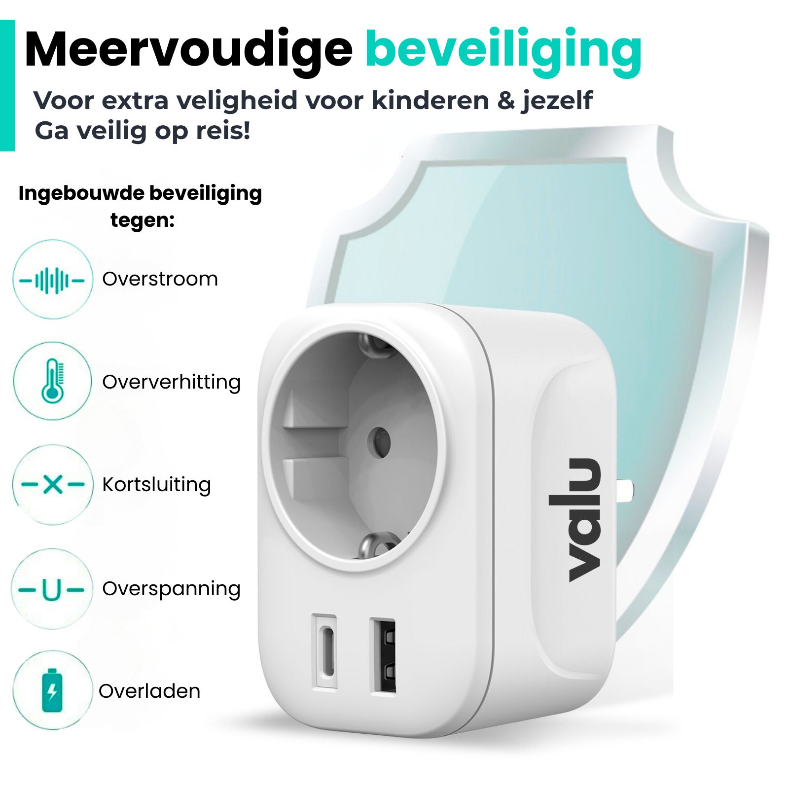 Valu Reisstekker Engeland - Type G - USB-C & USB-A - Wit