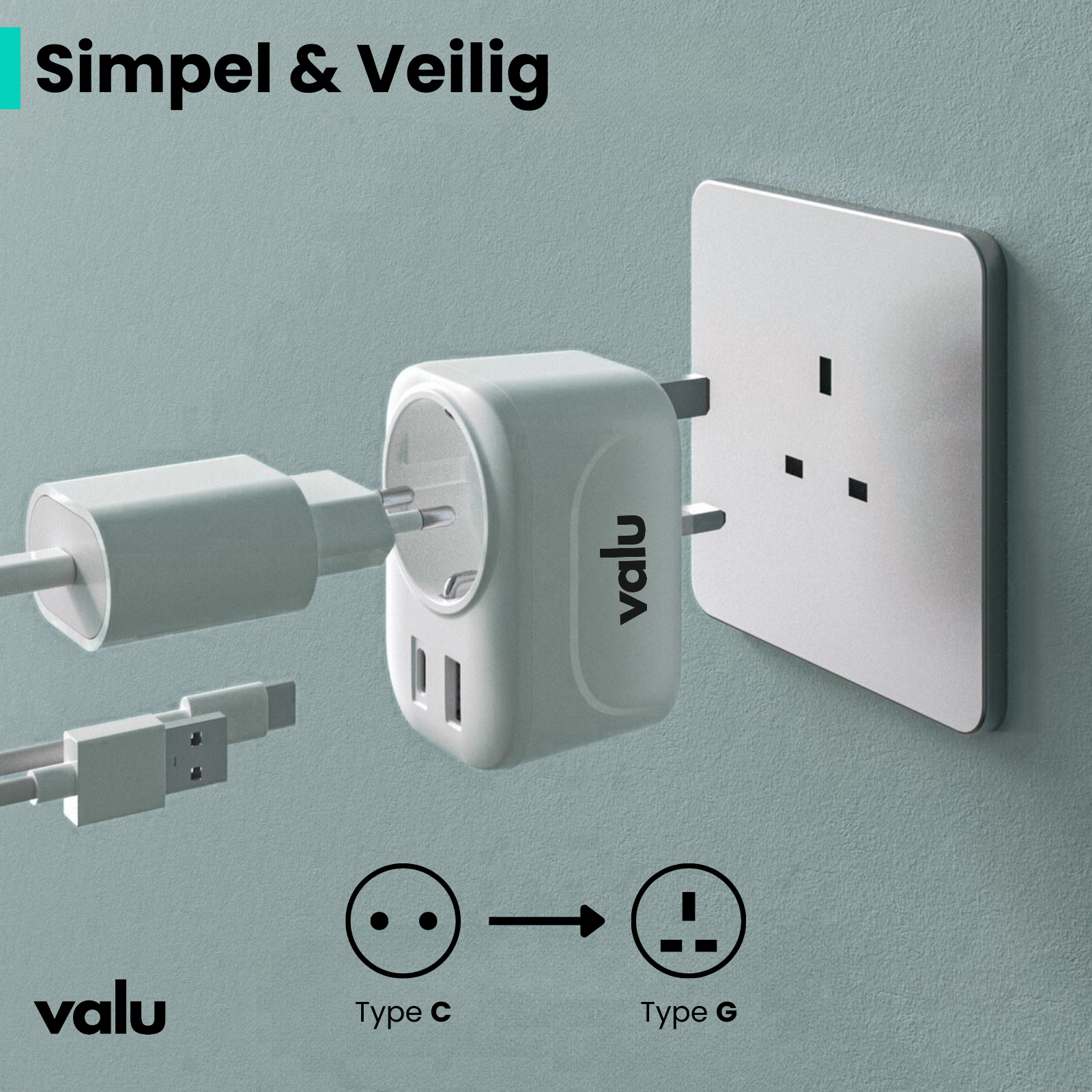 Valu Reisstekker Engeland - Type G - USB-C & USB-A - Wit