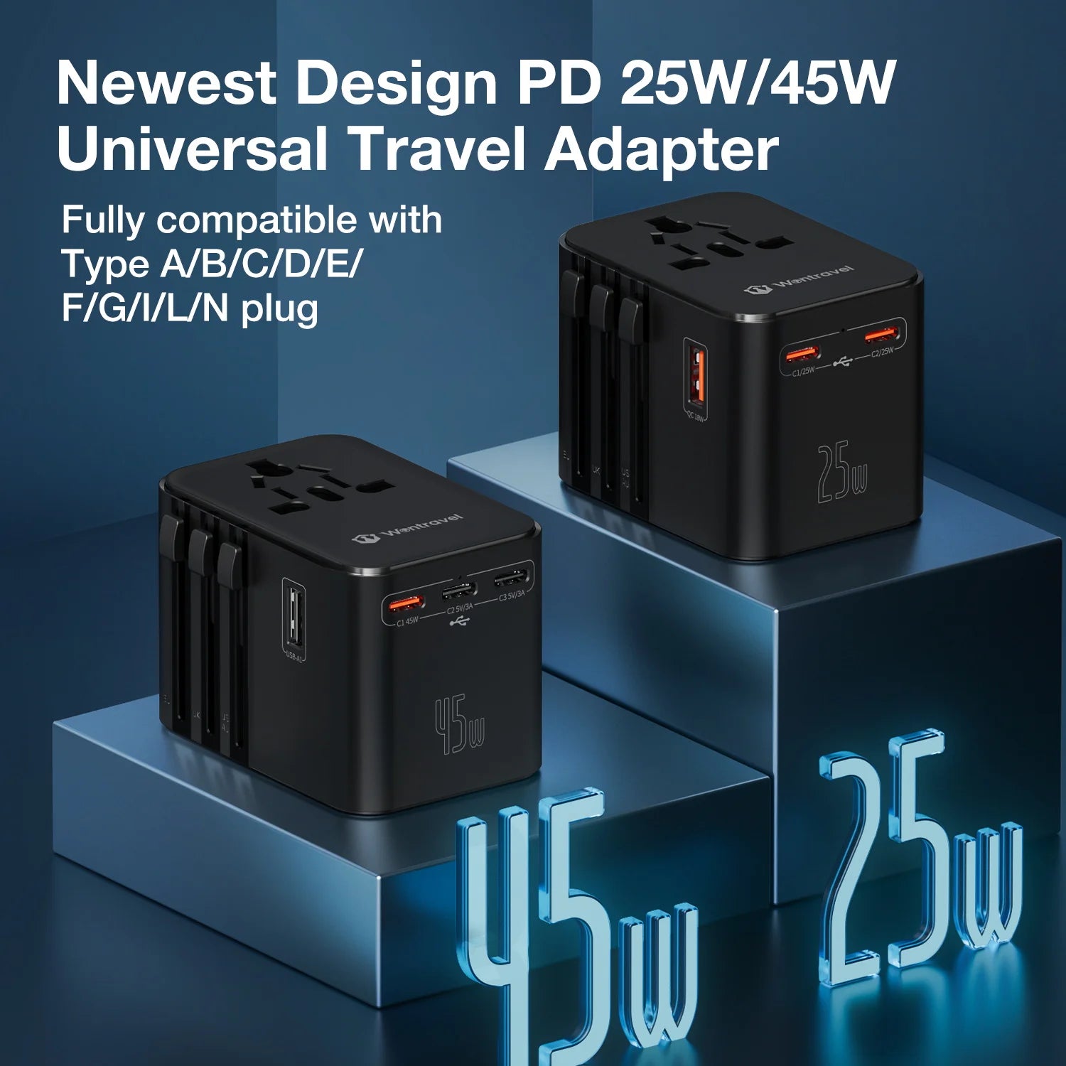 Valu Universal Travel Adapter with 4 AC Outlets, USB & Dual Type-C